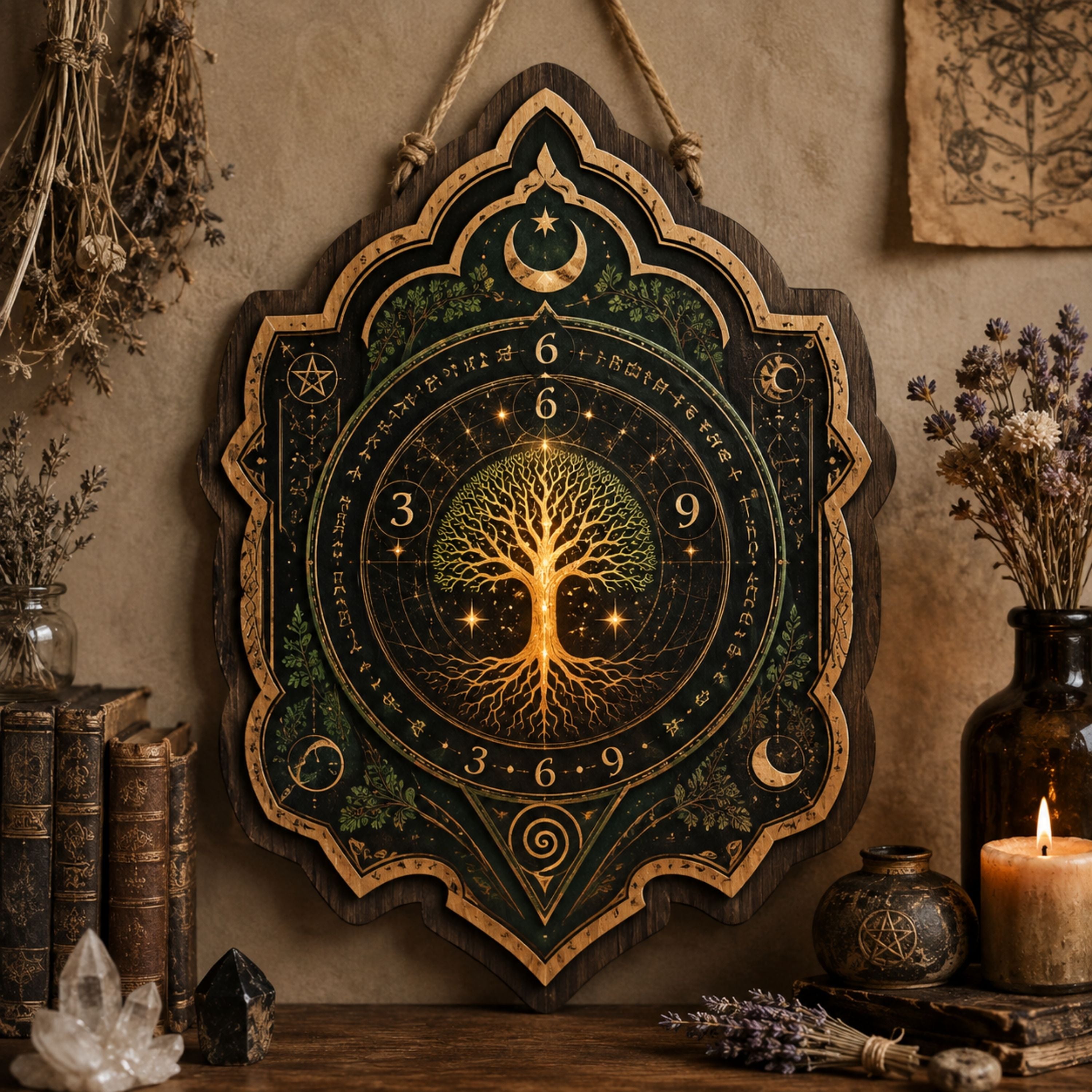 Tree of Life Numerology Wooden Sign - Mystical Sacred Geometry Wall Decor with 3 6 9 Symbols, Moon & Stars