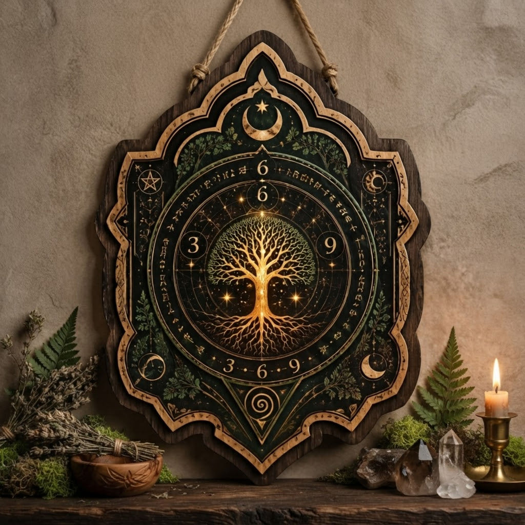 Tree of Life Numerology Wooden Sign - Mystical Sacred Geometry Wall Decor with 3 6 9 Symbols, Moon & Stars