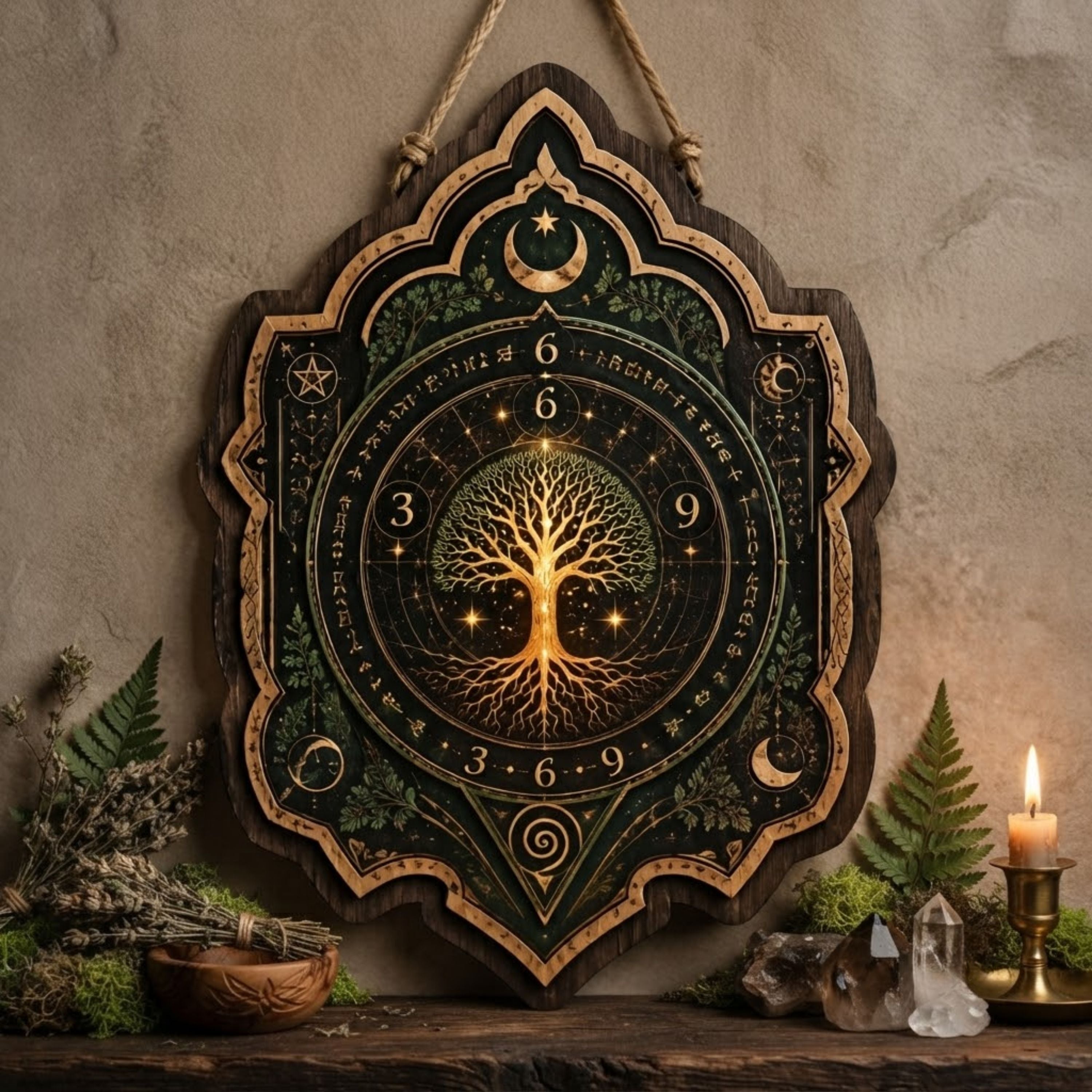 Tree of Life Numerology Wooden Sign - Mystical Sacred Geometry Wall Decor with 3 6 9 Symbols, Moon & Stars