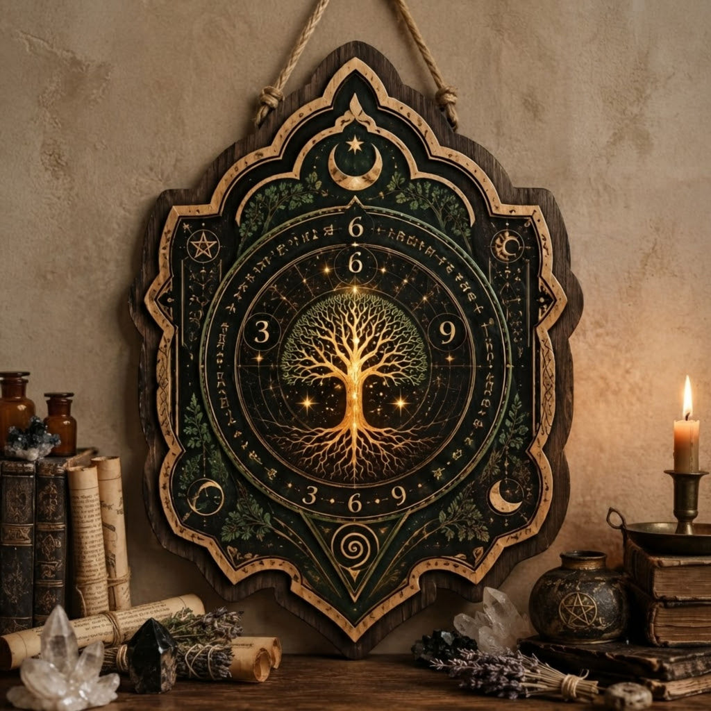 Tree of Life Numerology Wooden Sign - Mystical Sacred Geometry Wall Decor with 3 6 9 Symbols, Moon & Stars