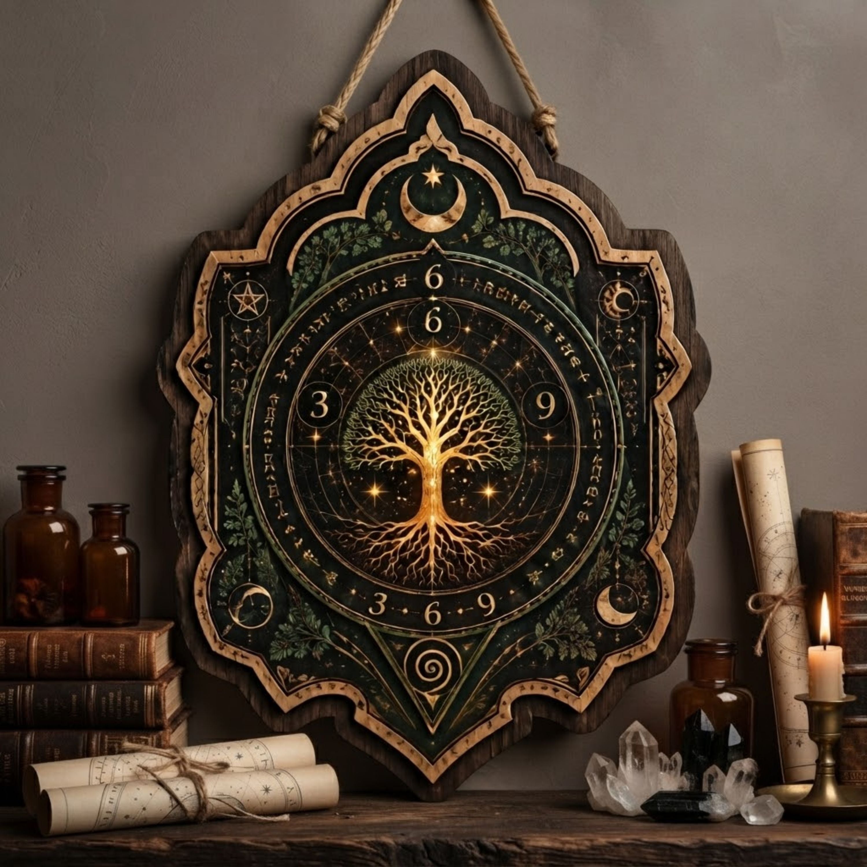 Tree of Life Numerology Wooden Sign - Mystical Sacred Geometry Wall Decor with 3 6 9 Symbols, Moon & Stars