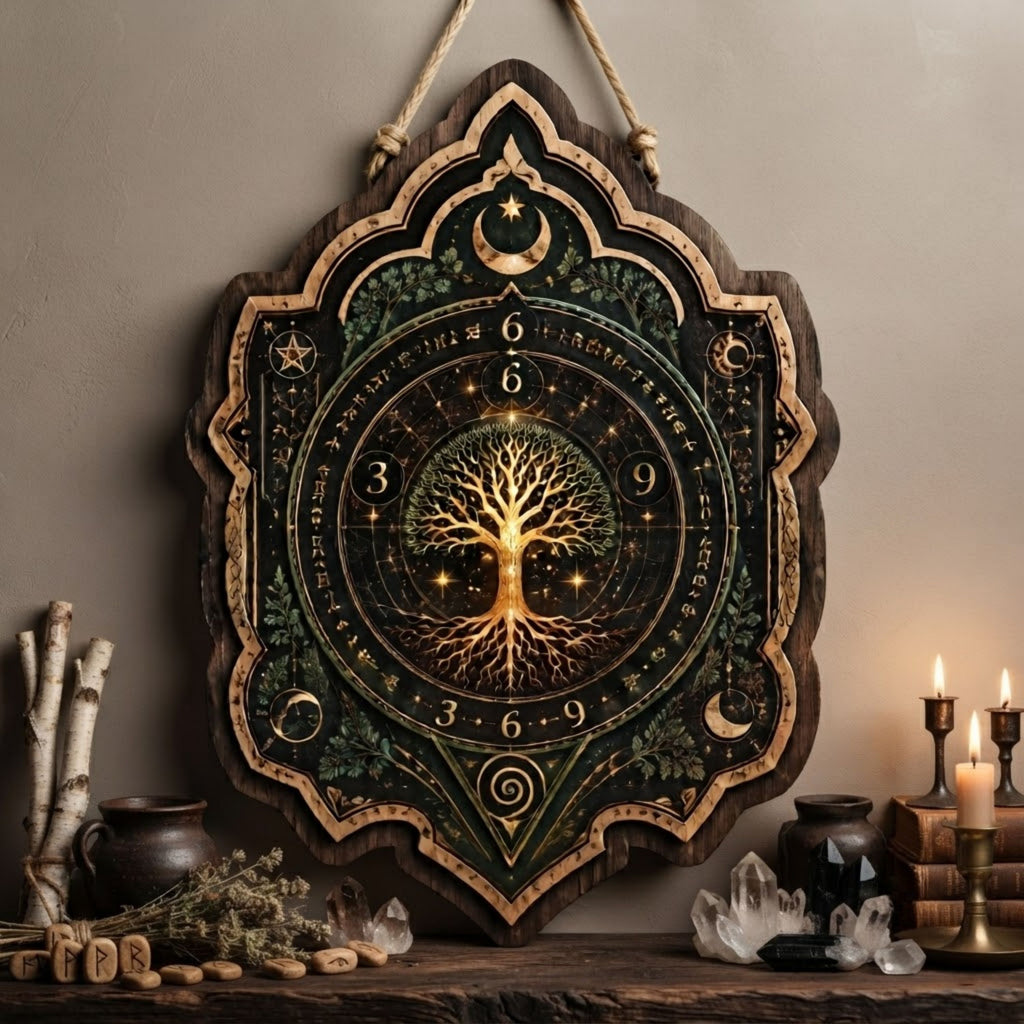 Tree of Life Numerology Wooden Sign - Mystical Sacred Geometry Wall Decor with 3 6 9 Symbols, Moon & Stars