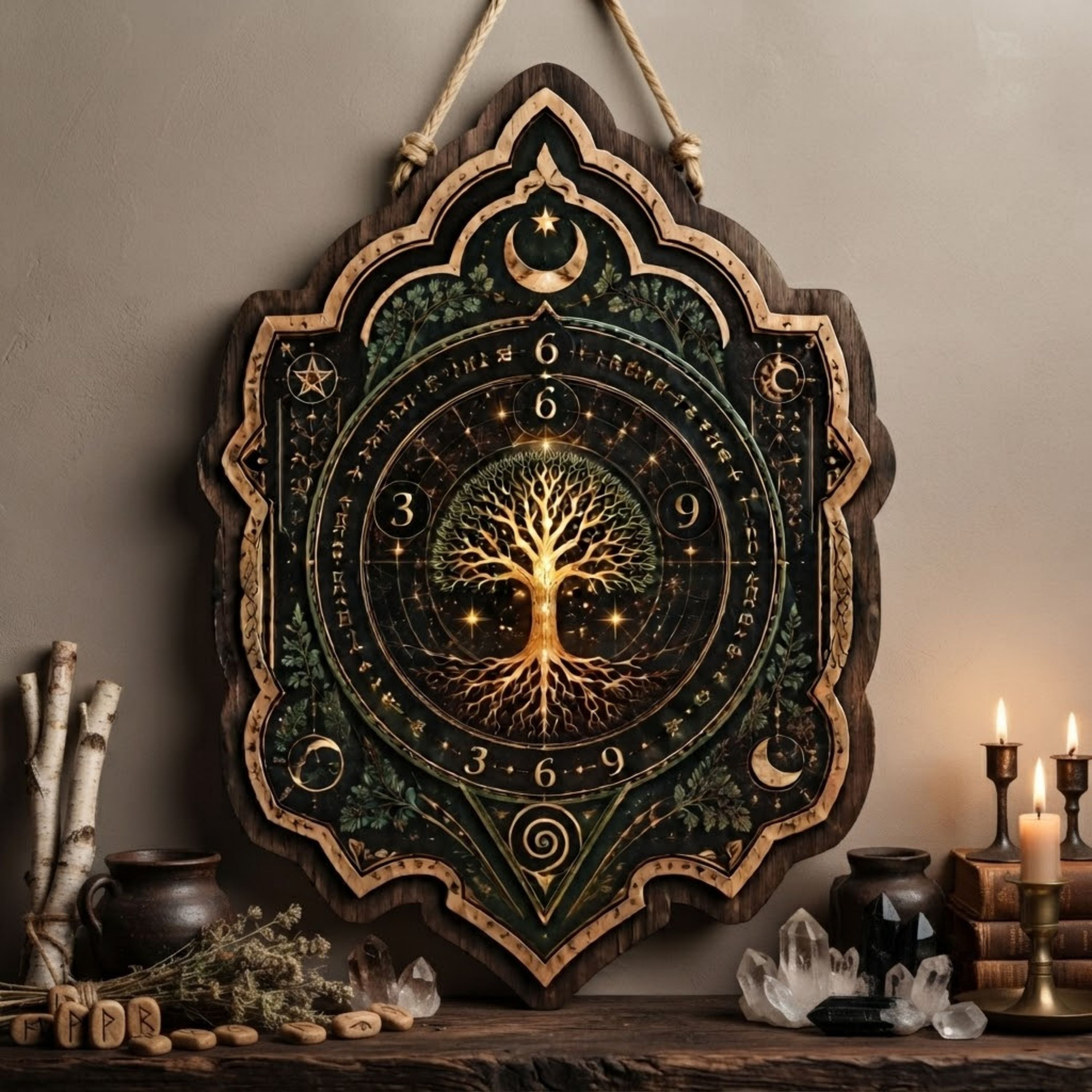 Tree of Life Numerology Wooden Sign - Mystical Sacred Geometry Wall Decor with 3 6 9 Symbols, Moon & Stars