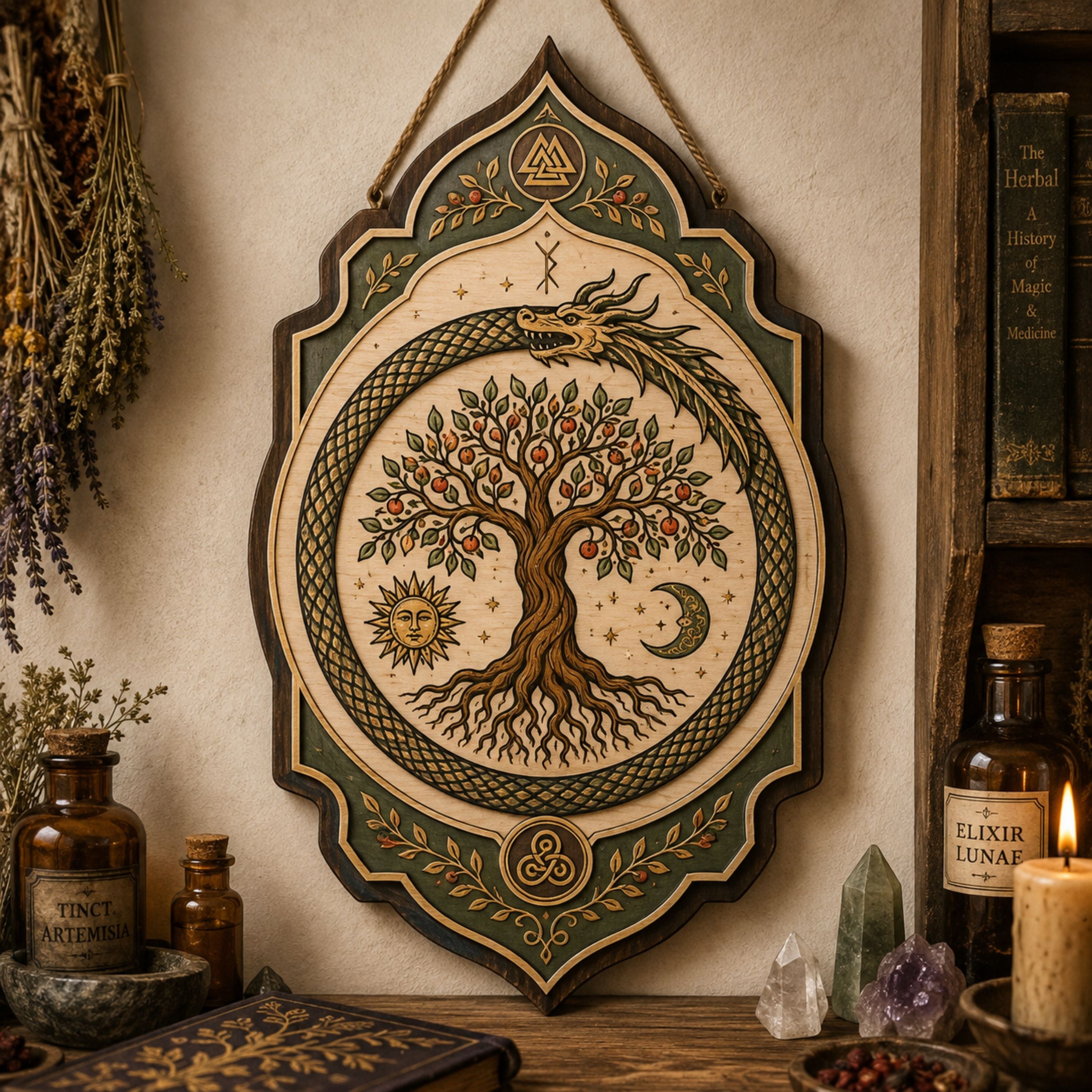Yggdrasil Ouroboros Wooden Sign - Norse Tree of Life Wall Decor with Dragon, Sun, Moon & Berries