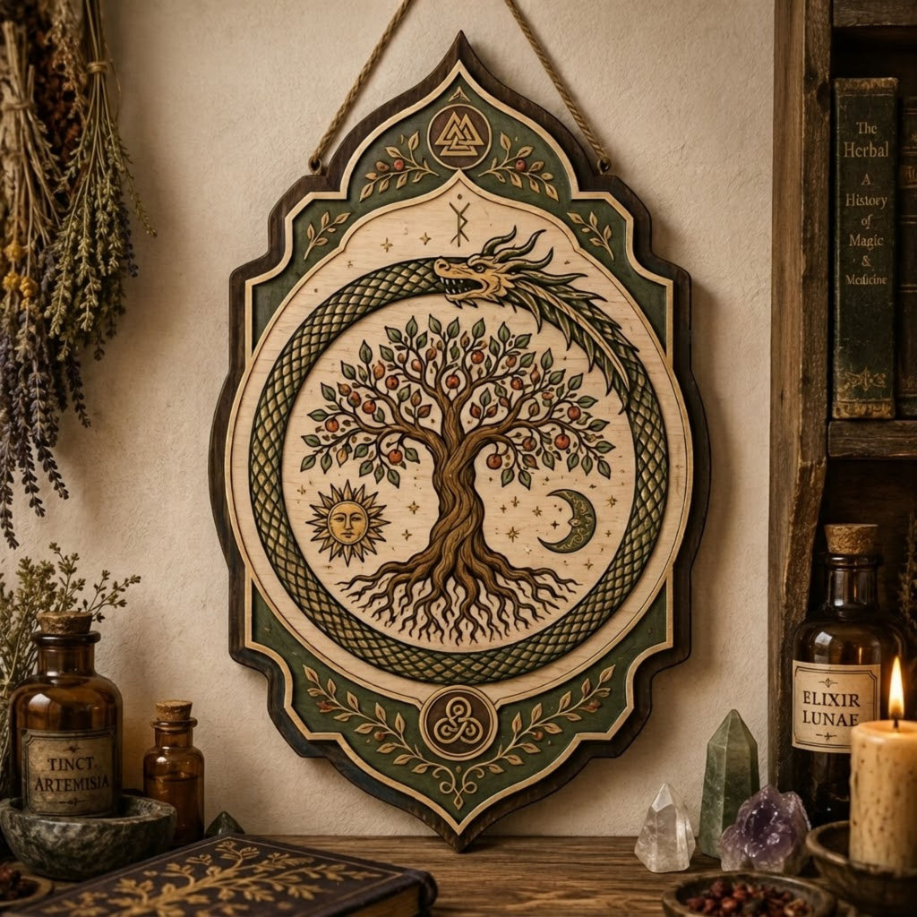 Yggdrasil Ouroboros Wooden Sign - Norse Tree of Life Wall Decor with Dragon, Sun, Moon & Berries