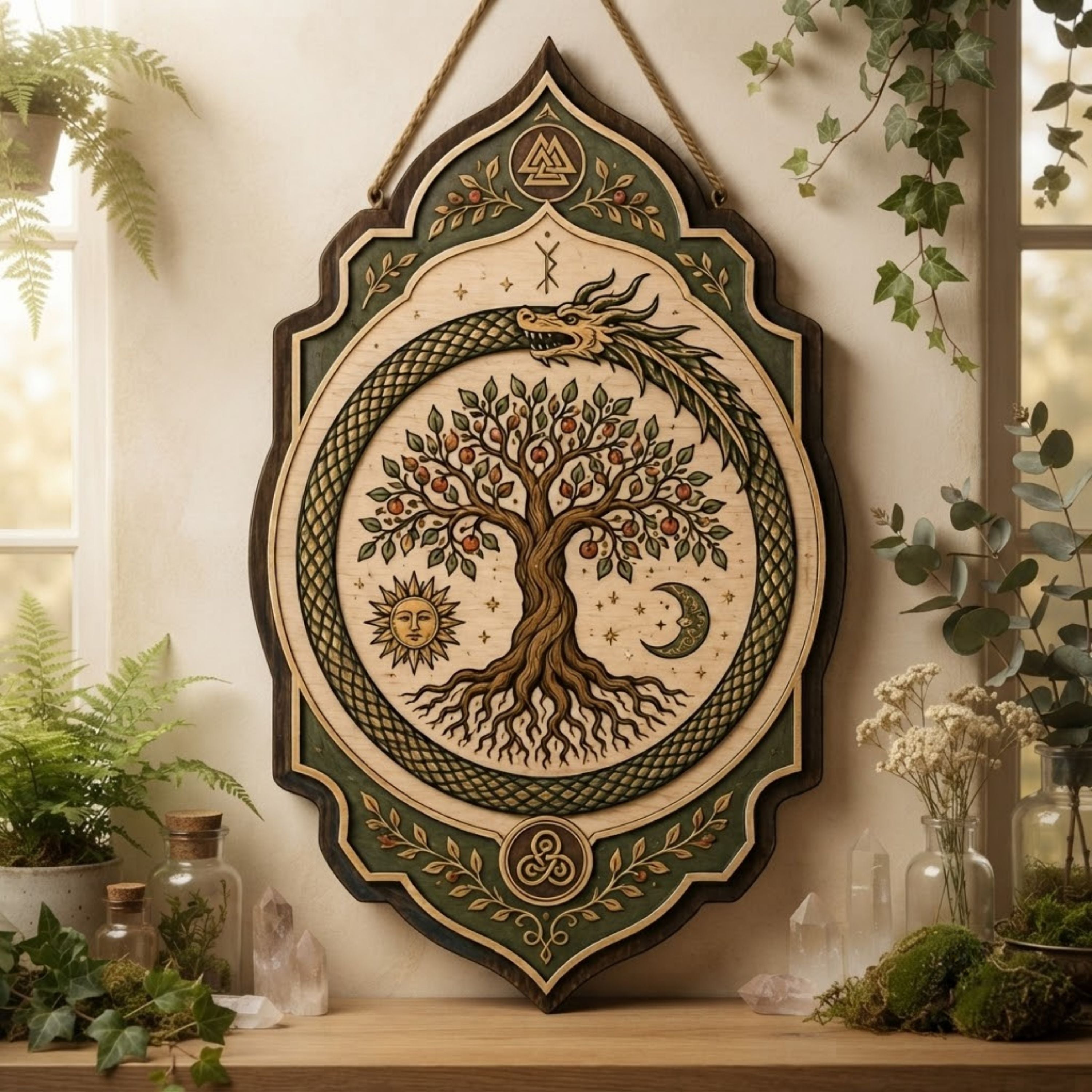 Yggdrasil Ouroboros Wooden Sign - Norse Tree of Life Wall Decor with Dragon, Sun, Moon & Berries