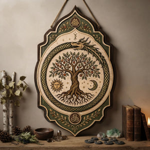 Yggdrasil Ouroboros Wooden Sign - Norse Tree of Life Wall Decor with Dragon, Sun, Moon & Berries