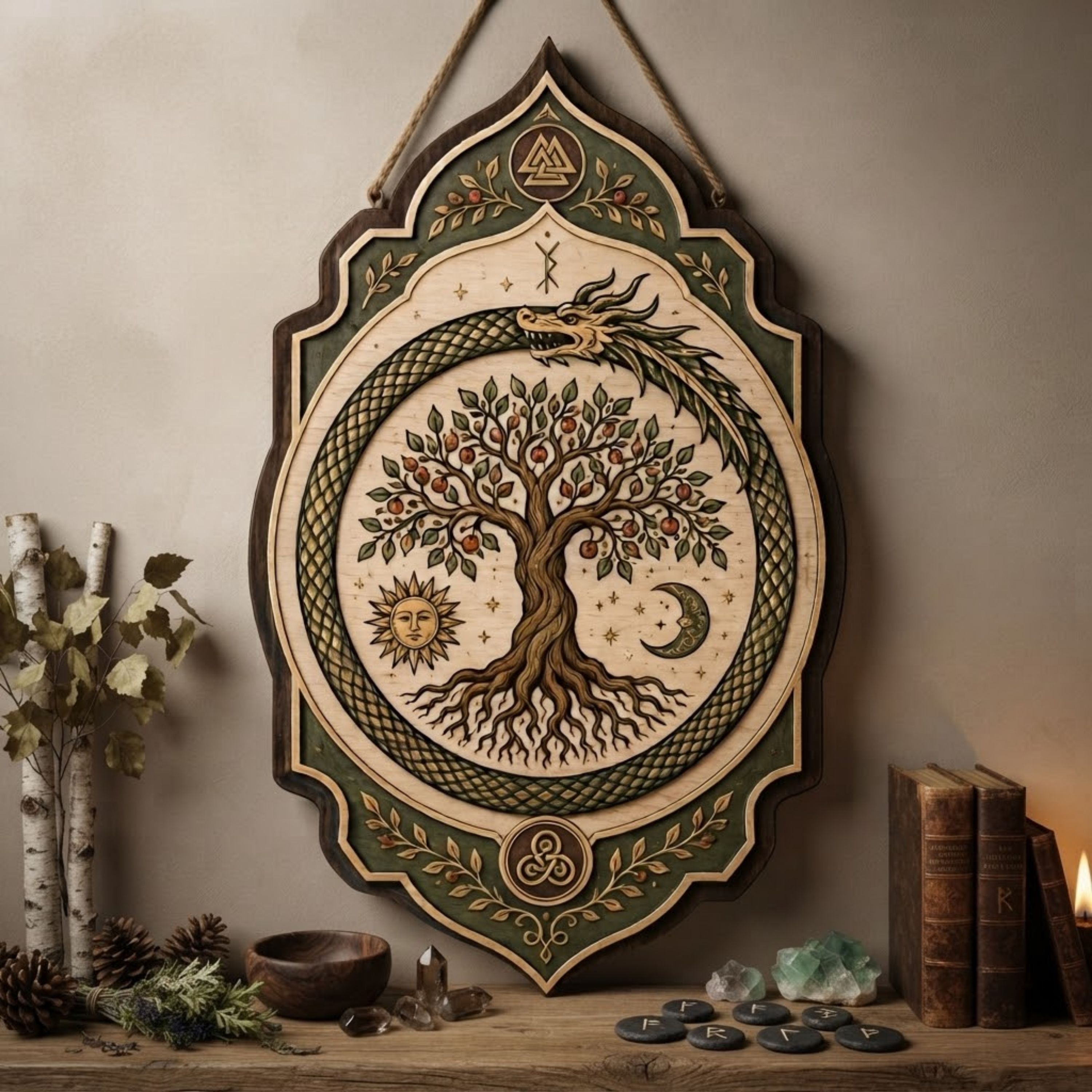 Yggdrasil Ouroboros Wooden Sign - Norse Tree of Life Wall Decor with Dragon, Sun, Moon & Berries