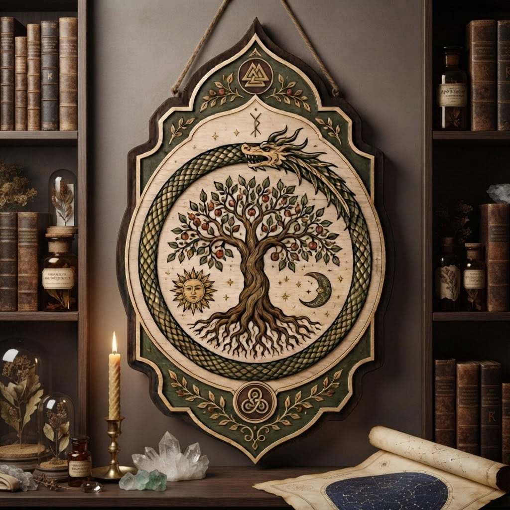 Yggdrasil Ouroboros Wooden Sign - Norse Tree of Life Wall Decor with Dragon, Sun, Moon & Berries