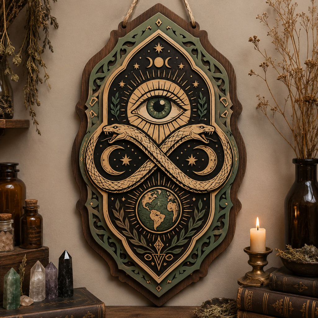 All Seeing Eye Ouroboros Wooden Sign - Mystical Infinity Snake Wall Decor with Earth, Moons & Stars