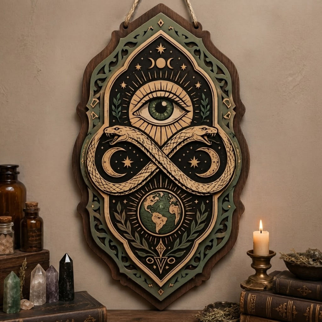 All Seeing Eye Ouroboros Wooden Sign - Mystical Infinity Snake Wall Decor with Earth, Moons & Stars
