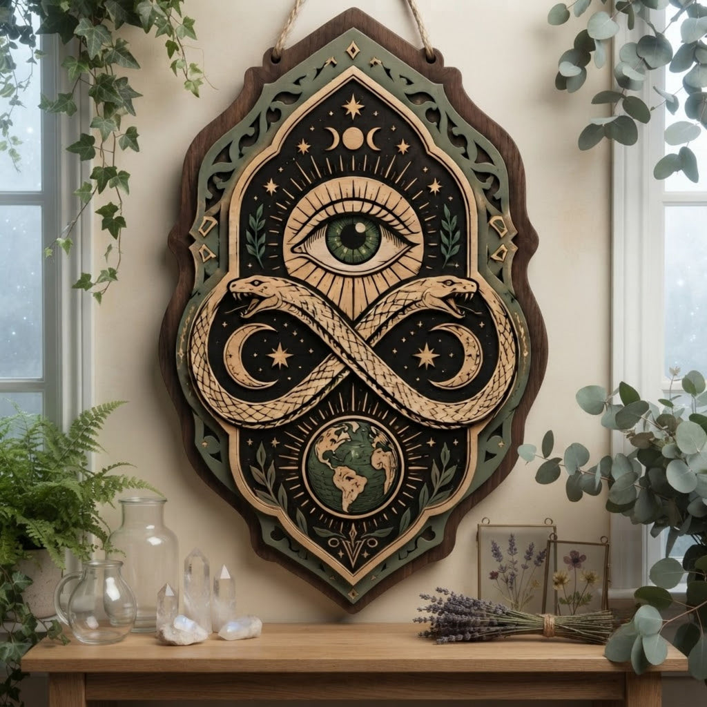 All Seeing Eye Ouroboros Wooden Sign - Mystical Infinity Snake Wall Decor with Earth, Moons & Stars
