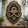 All Seeing Eye Ouroboros Wooden Sign - Mystical Infinity Snake Wall Decor with Earth, Moons & Stars