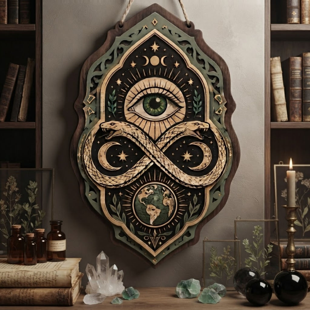 All Seeing Eye Ouroboros Wooden Sign - Mystical Infinity Snake Wall Decor with Earth, Moons & Stars