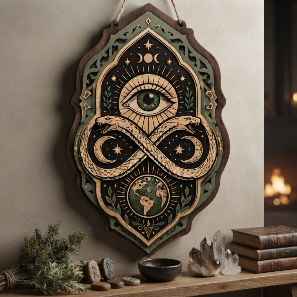 All Seeing Eye Ouroboros Wooden Sign - Mystical Infinity Snake Wall Decor with Earth, Moons & Stars