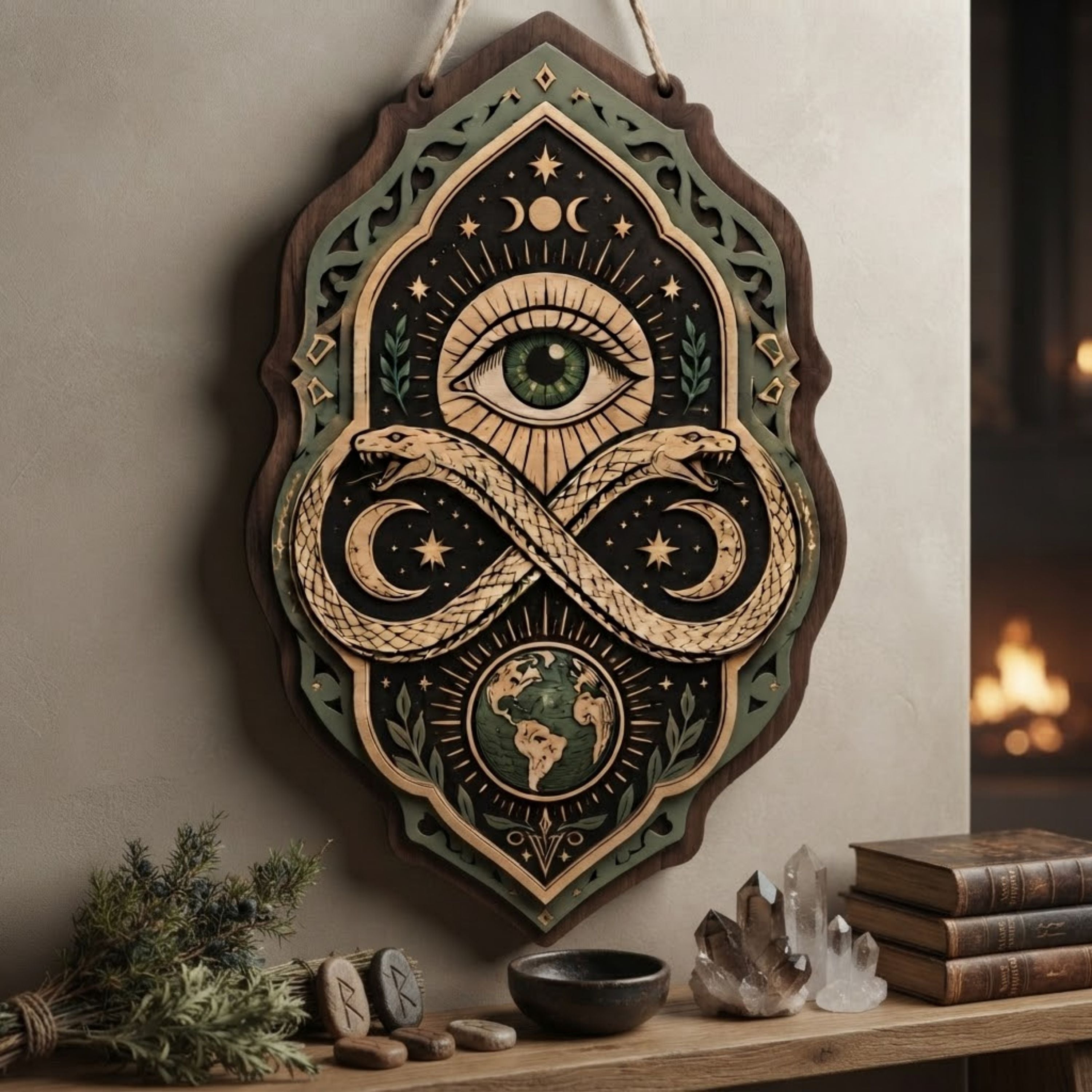 All Seeing Eye Ouroboros Wooden Sign - Mystical Infinity Snake Wall Decor with Earth, Moons & Stars