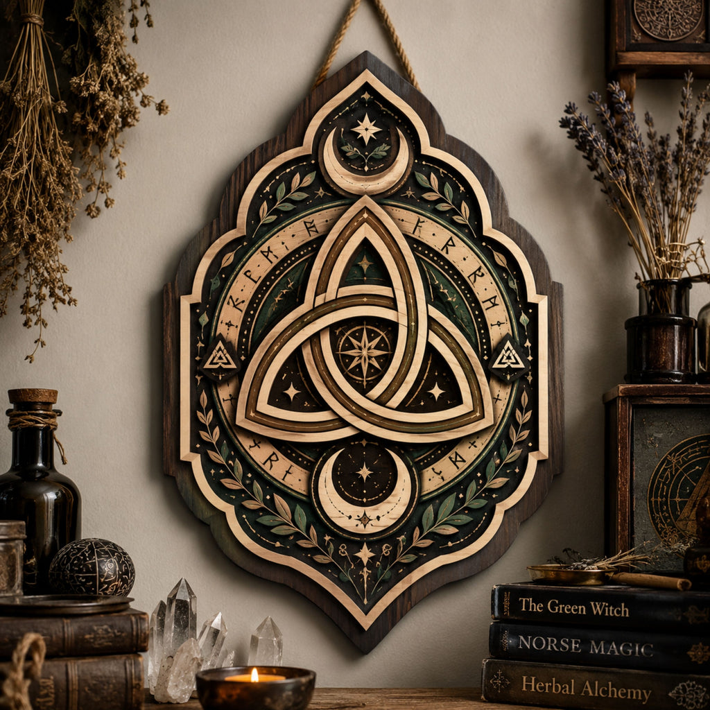 Celtic Triquetra Wooden Sign - Mystical Norse Wall Decor with Crescent Moons, Runes & Botanicals