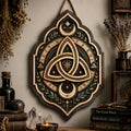 Celtic Triquetra Wooden Sign - Mystical Norse Wall Decor with Crescent Moons, Runes & Botanicals