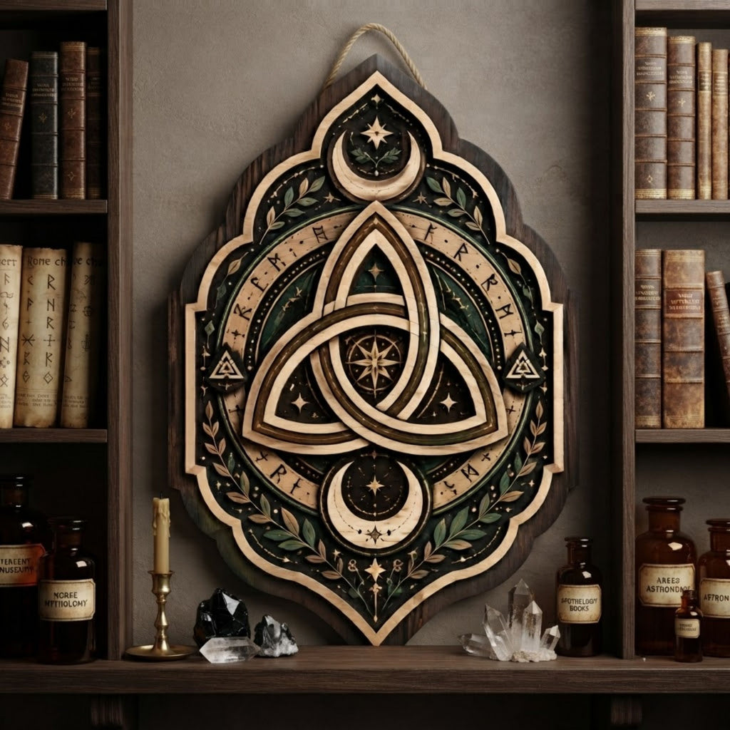 Celtic Triquetra Wooden Sign - Mystical Norse Wall Decor with Crescent Moons, Runes & Botanicals