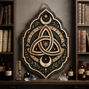 Celtic Triquetra Wooden Sign - Mystical Norse Wall Decor with Crescent Moons, Runes & Botanicals