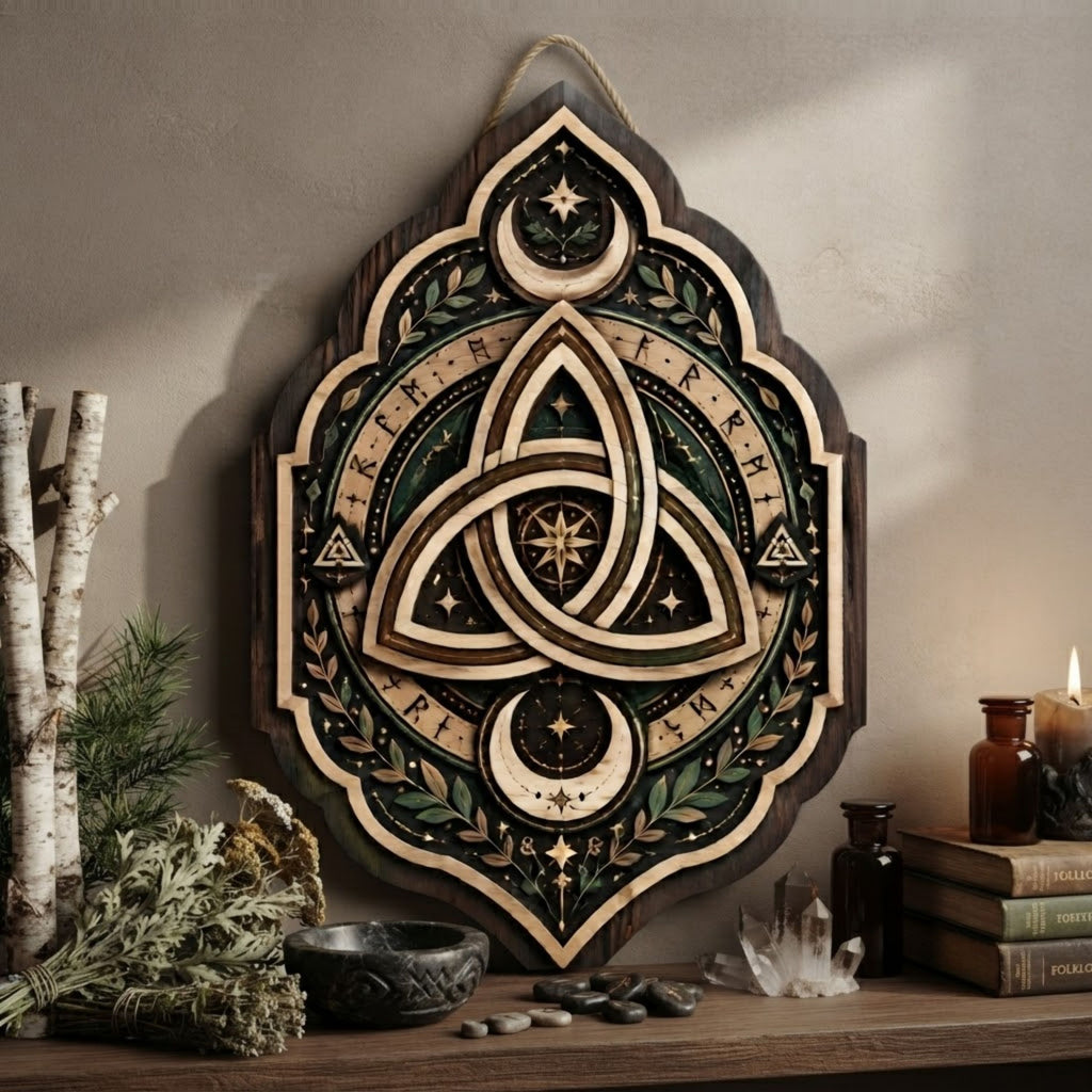 Celtic Triquetra Wooden Sign - Mystical Norse Wall Decor with Crescent Moons, Runes & Botanicals