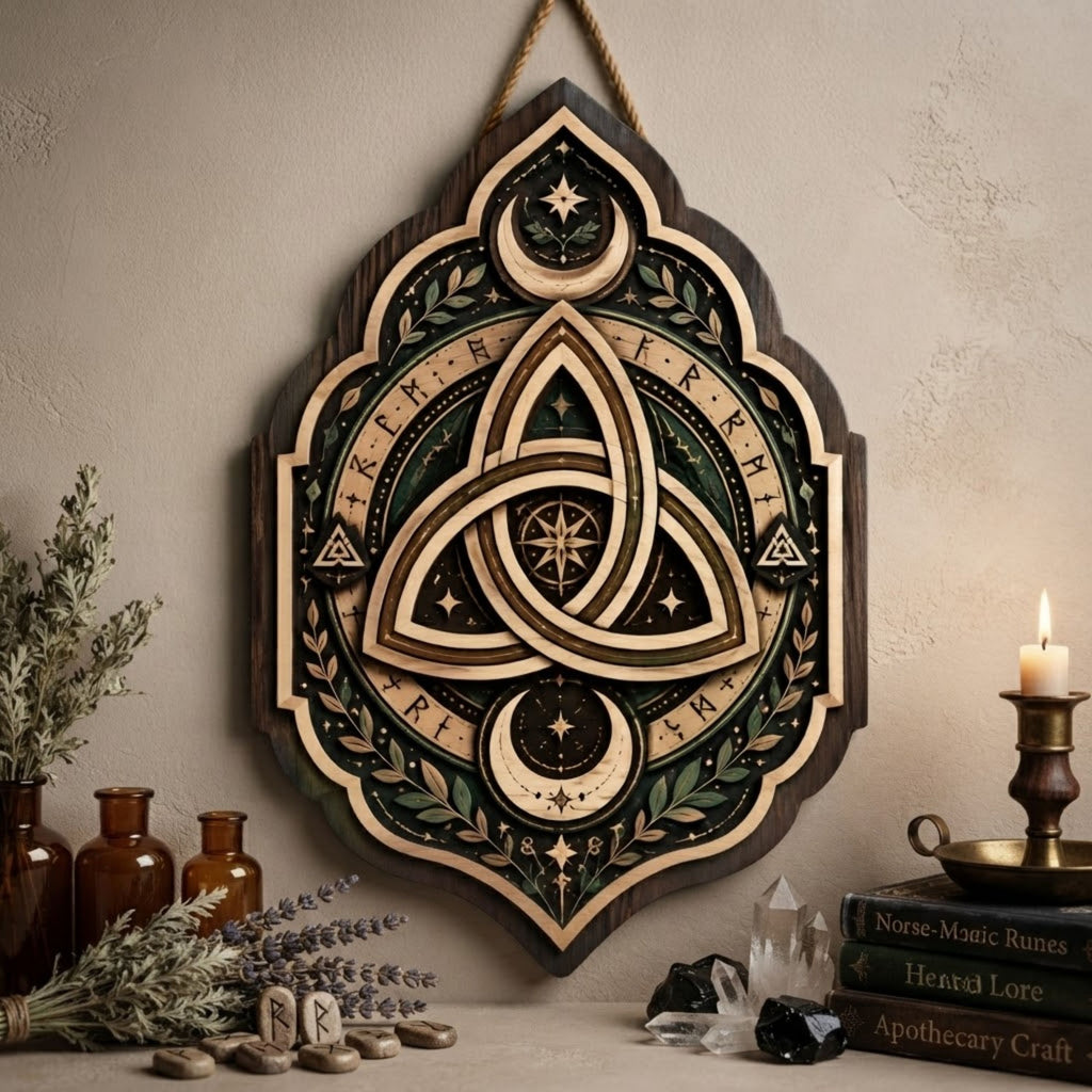 Celtic Triquetra Wooden Sign - Mystical Norse Wall Decor with Crescent Moons, Runes & Botanicals