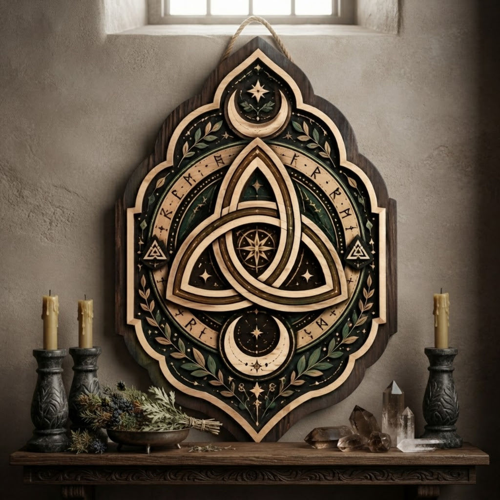 Celtic Triquetra Wooden Sign - Mystical Norse Wall Decor with Crescent Moons, Runes & Botanicals