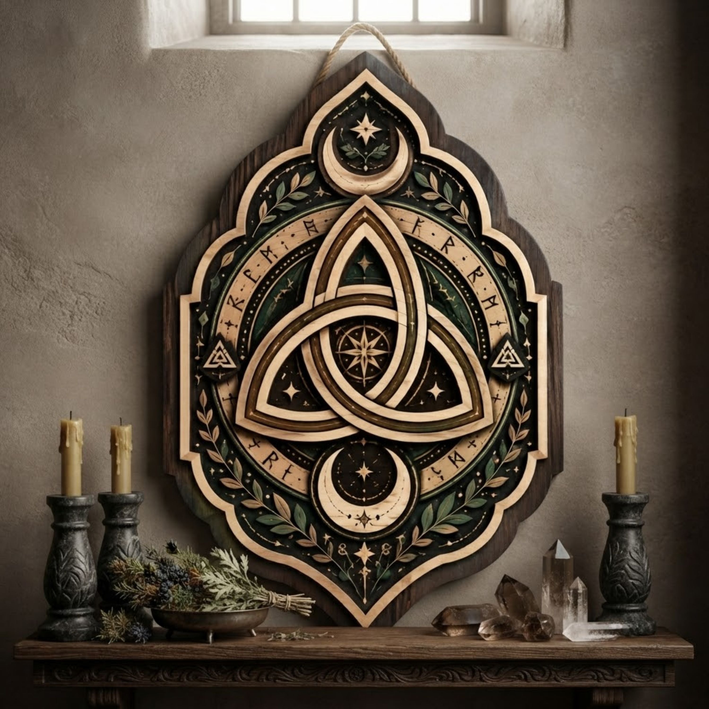 Celtic Triquetra Wooden Sign - Mystical Norse Wall Decor with Crescent Moons, Runes & Botanicals