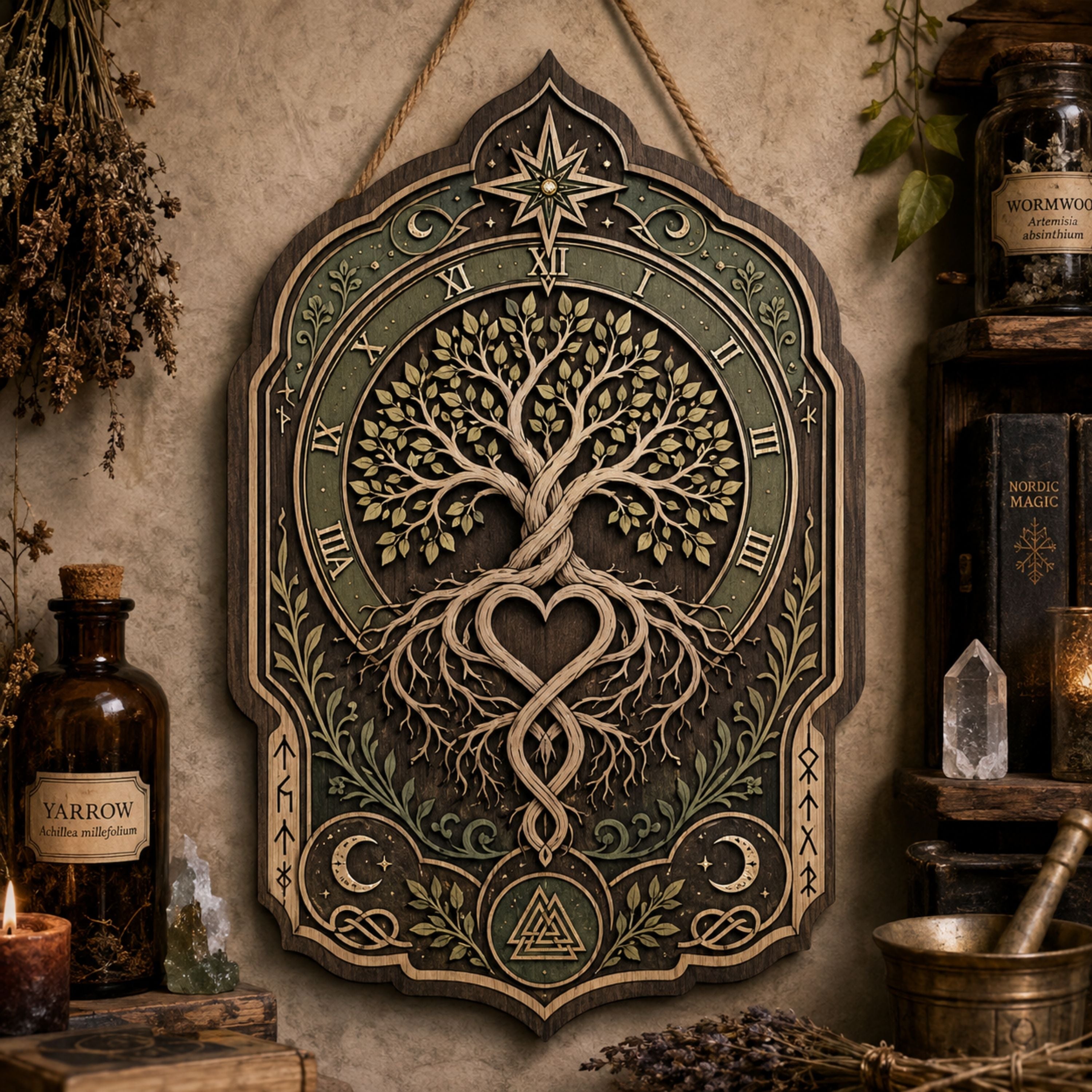 Eternal Tree of Life Wooden Sign - Mystical Norse Wall Decor with Heart Roots, Moons & Roman Numerals