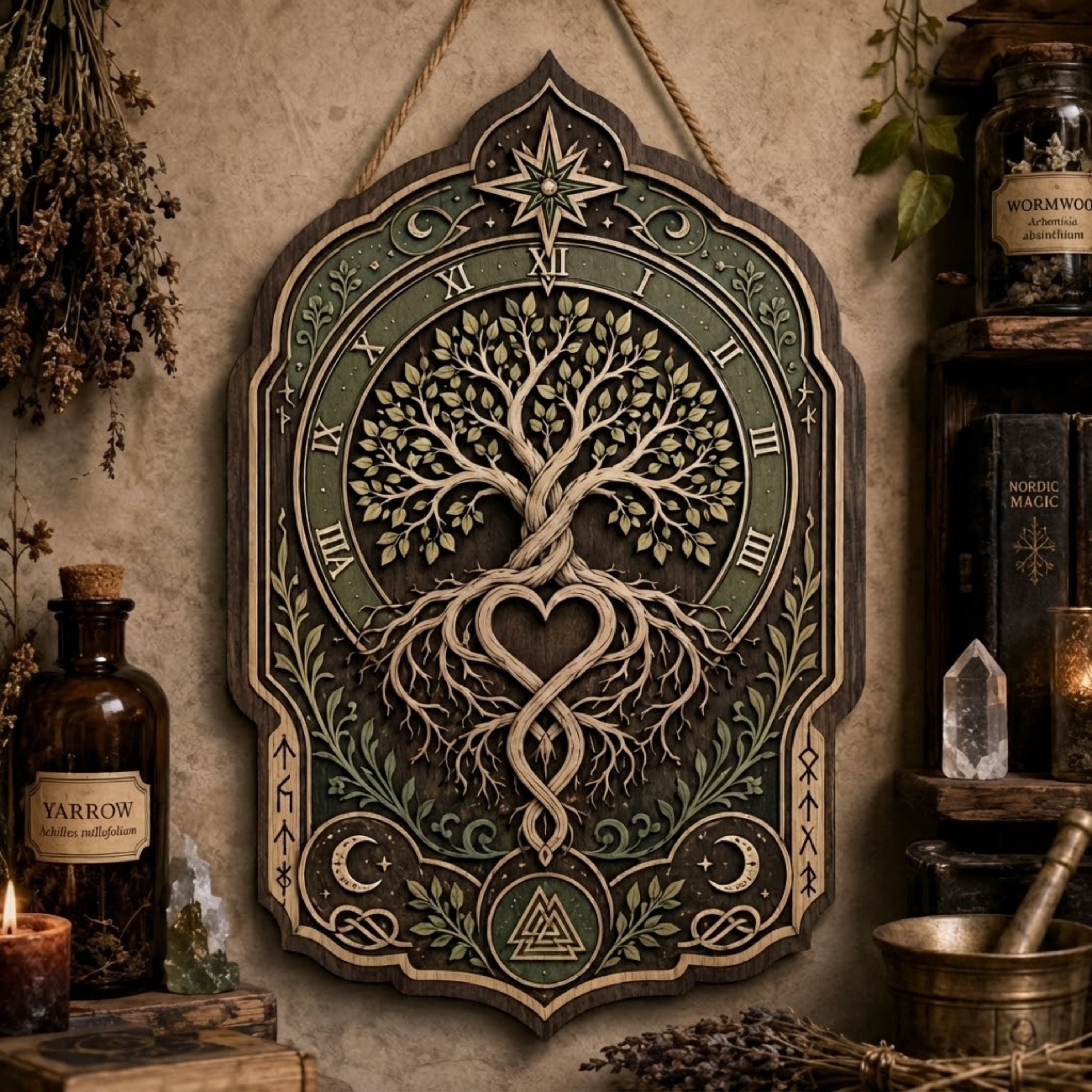 Eternal Tree of Life Wooden Sign - Mystical Norse Wall Decor with Heart Roots, Moons & Roman Numerals