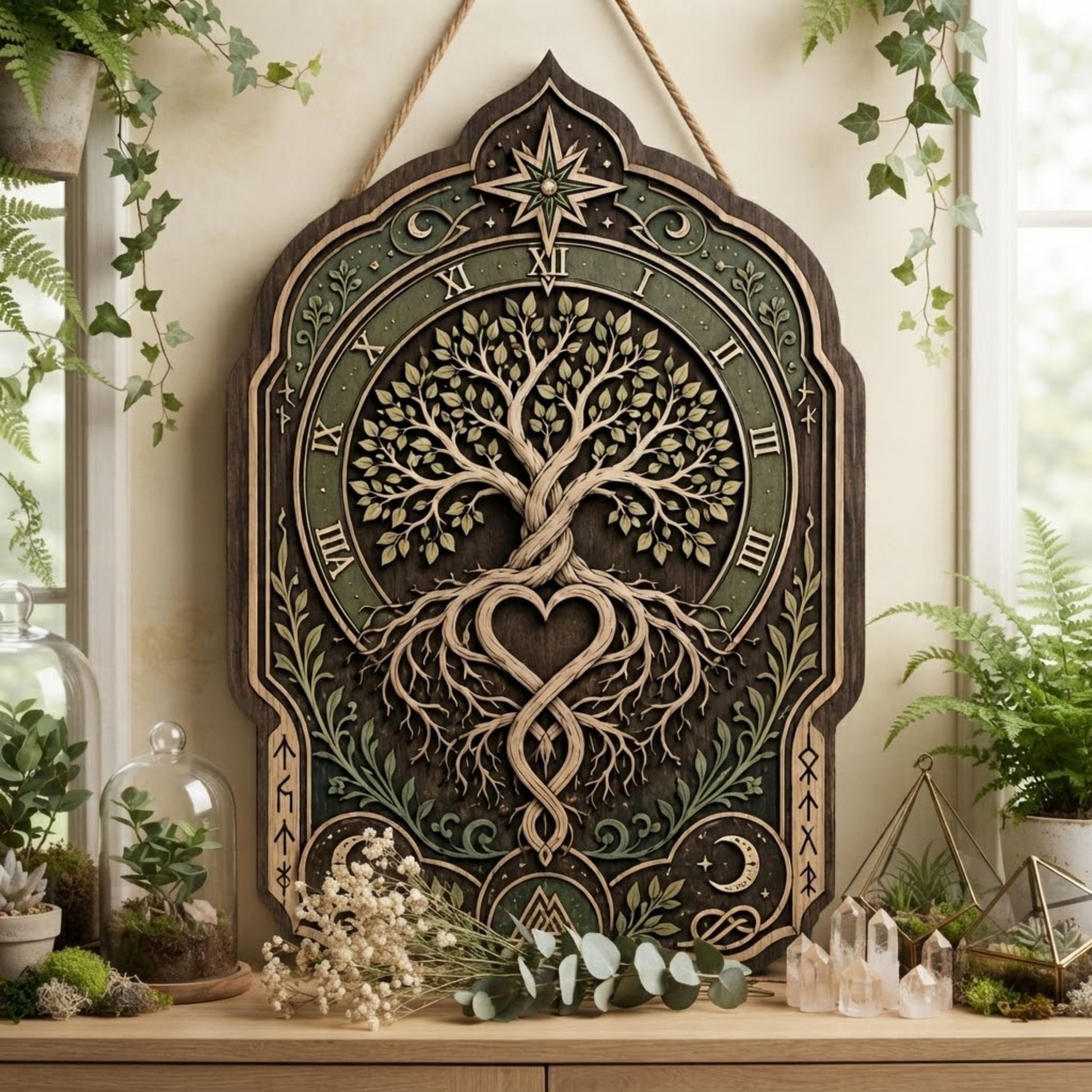 Eternal Tree of Life Wooden Sign - Mystical Norse Wall Decor with Heart Roots, Moons & Roman Numerals