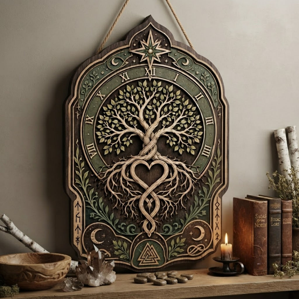 Eternal Tree of Life Wooden Sign - Mystical Norse Wall Decor with Heart Roots, Moons & Roman Numerals