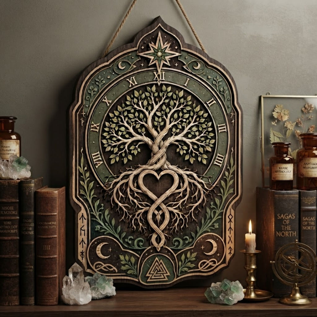 Eternal Tree of Life Wooden Sign - Mystical Norse Wall Decor with Heart Roots, Moons & Roman Numerals