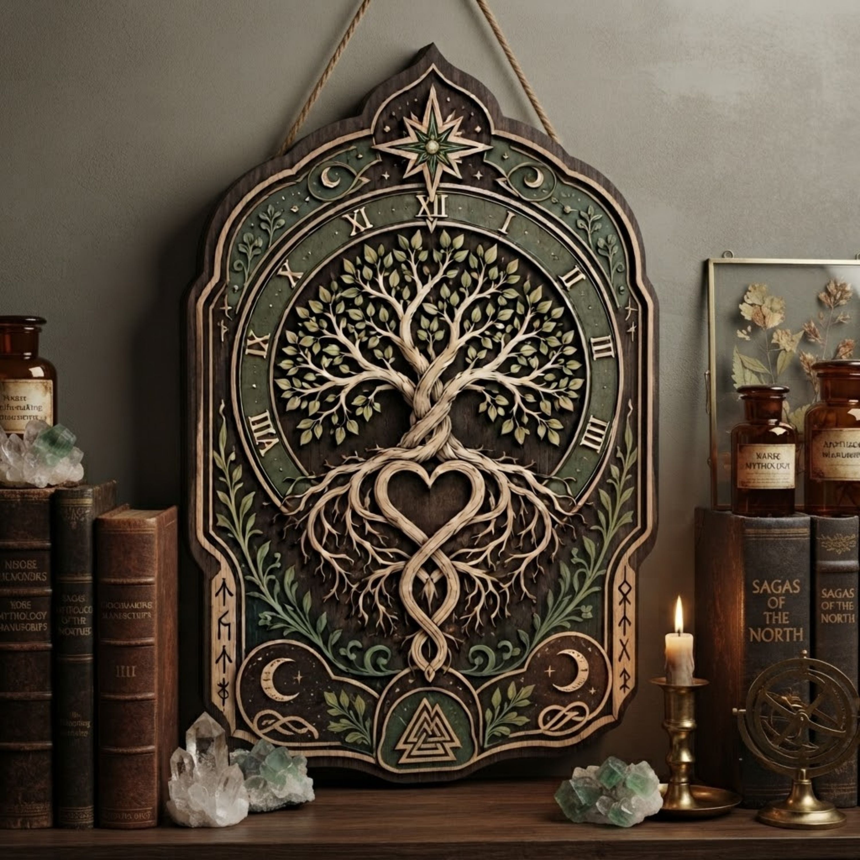 Eternal Tree of Life Wooden Sign - Mystical Norse Wall Decor with Heart Roots, Moons & Roman Numerals
