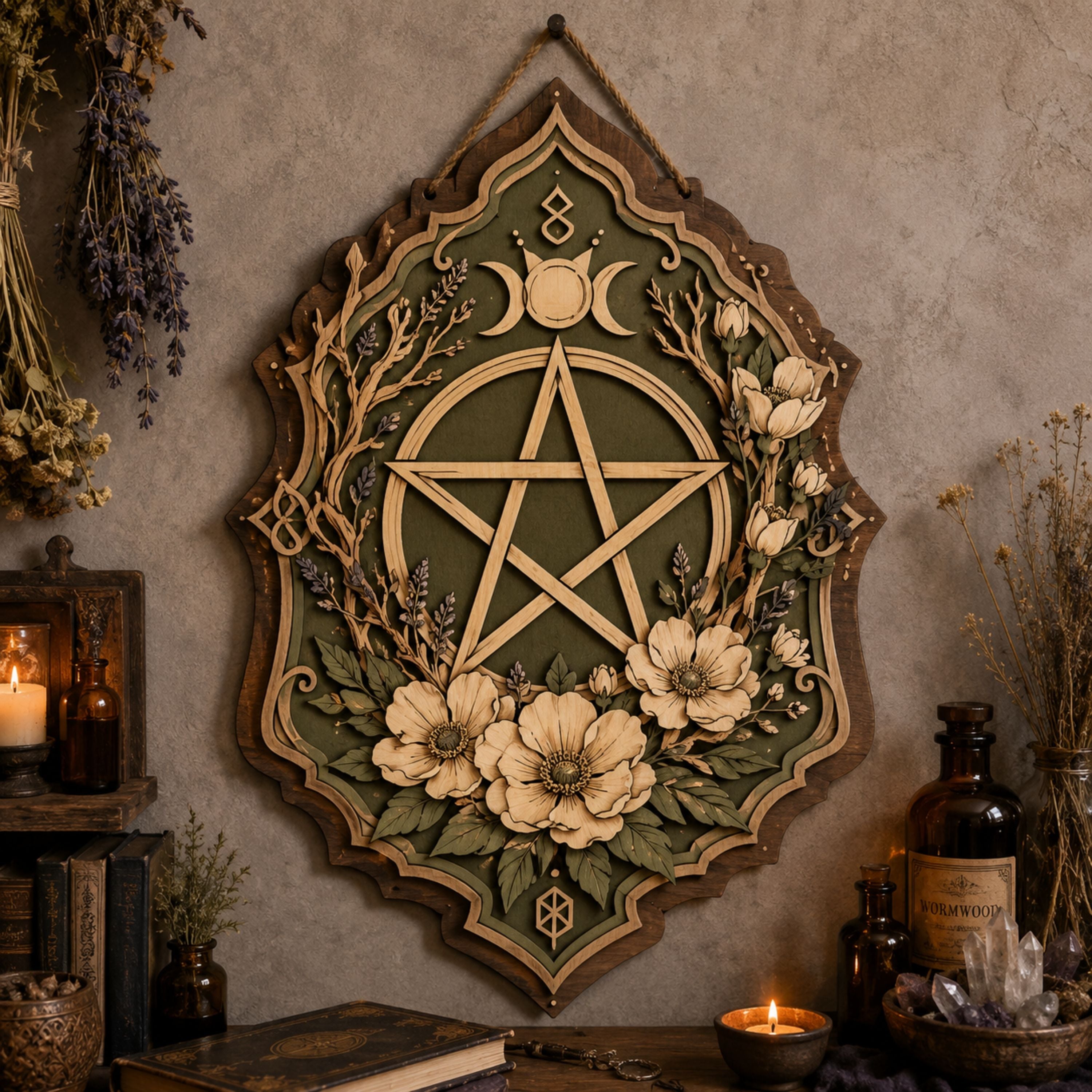 Floral Pentacle Wooden Sign - Witchy Botanical Wall Decor with Triple Moon, Wildflowers & Lavender