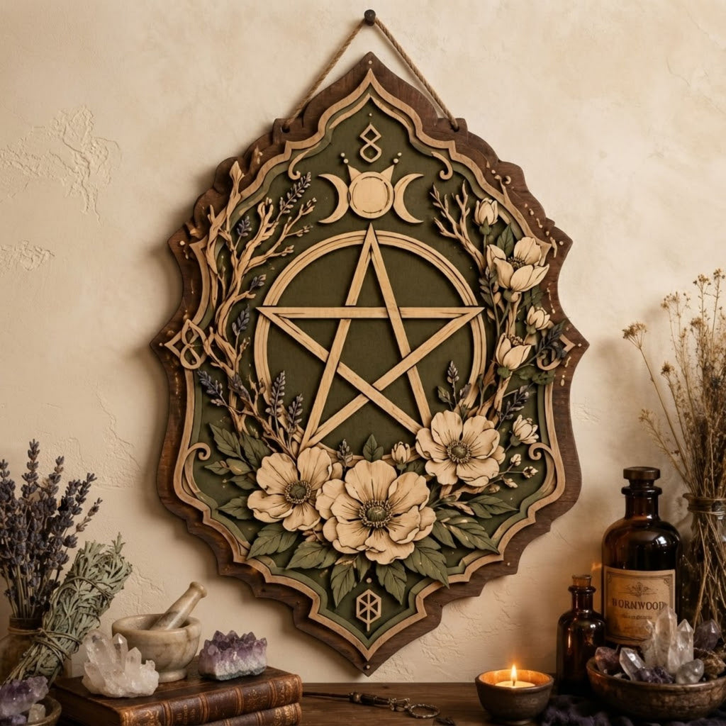 Floral Pentacle Wooden Sign - Witchy Botanical Wall Decor with Triple Moon, Wildflowers & Lavender