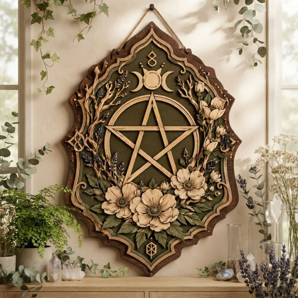 Floral Pentacle Wooden Sign - Witchy Botanical Wall Decor with Triple Moon, Wildflowers & Lavender