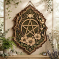 Floral Pentacle Wooden Sign - Witchy Botanical Wall Decor with Triple Moon, Wildflowers & Lavender