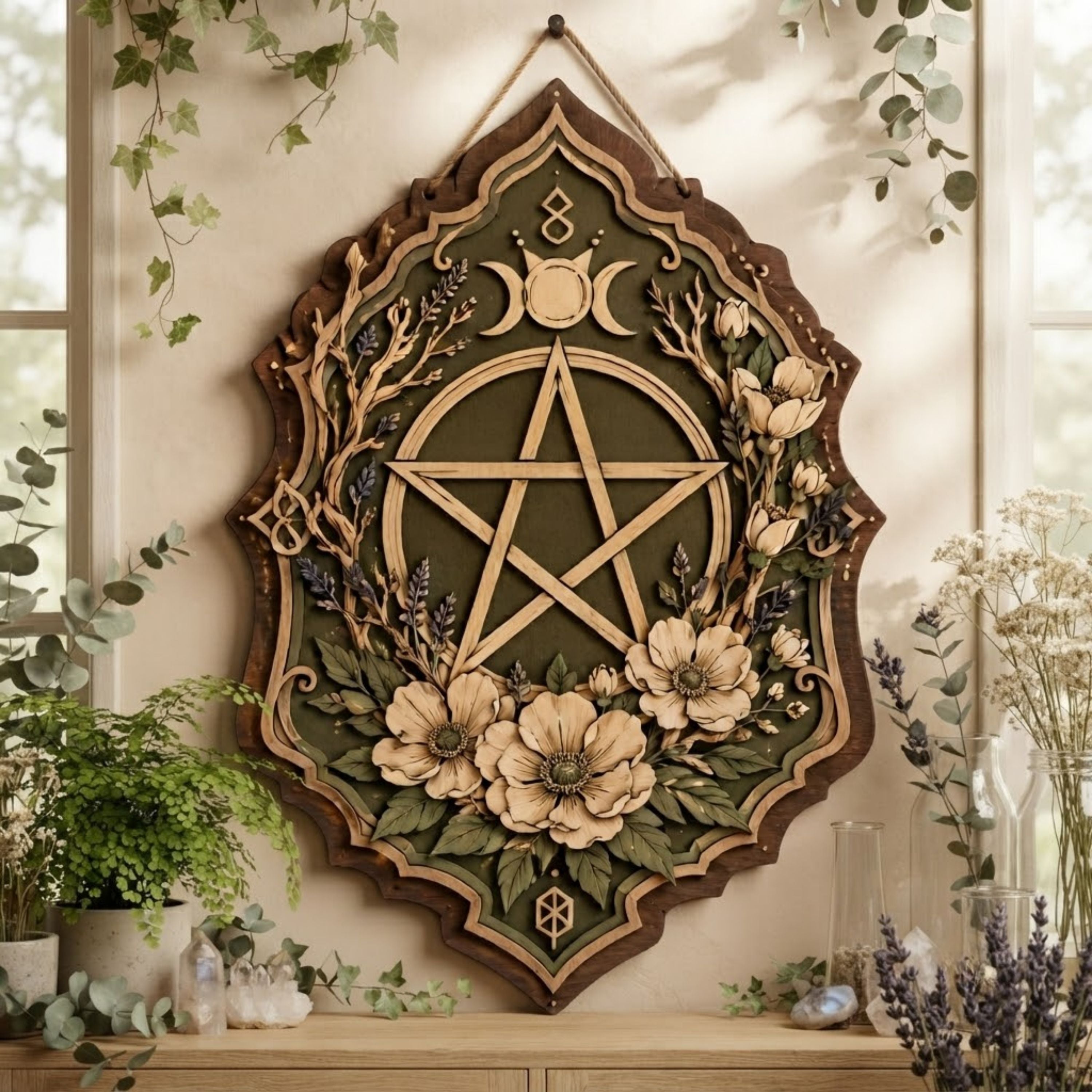 Floral Pentacle Wooden Sign - Witchy Botanical Wall Decor with Triple Moon, Wildflowers & Lavender
