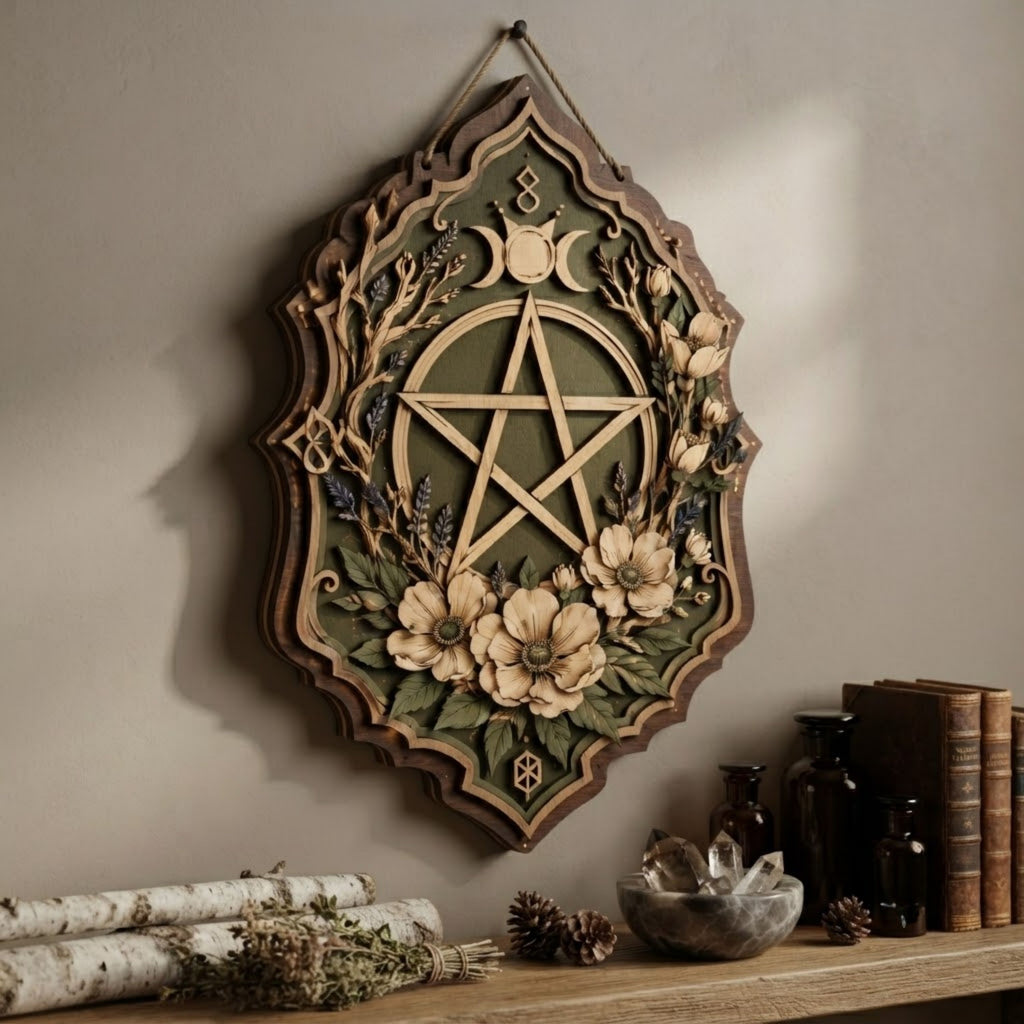 Floral Pentacle Wooden Sign - Witchy Botanical Wall Decor with Triple Moon, Wildflowers & Lavender