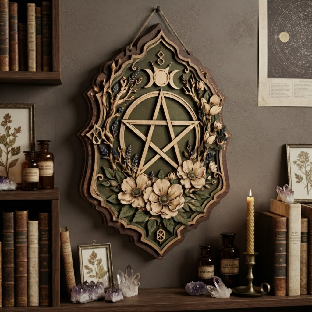 Floral Pentacle Wooden Sign - Witchy Botanical Wall Decor with Triple Moon, Wildflowers & Lavender