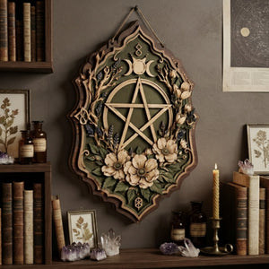Floral Pentacle Wooden Sign - Witchy Botanical Wall Decor with Triple Moon, Wildflowers & Lavender