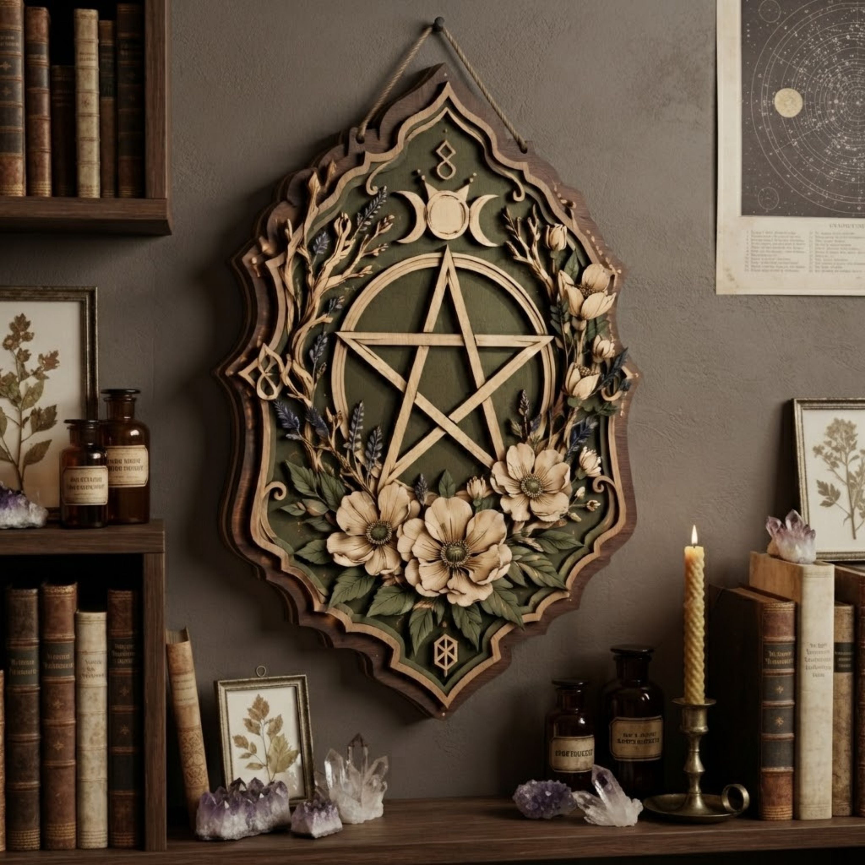 Floral Pentacle Wooden Sign - Witchy Botanical Wall Decor with Triple Moon, Wildflowers & Lavender