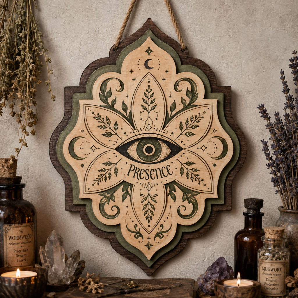 Presence All Seeing Eye Wooden Sign - Mystical Botanical Wall Decor with Moons, Leaves & Celestial Symbols