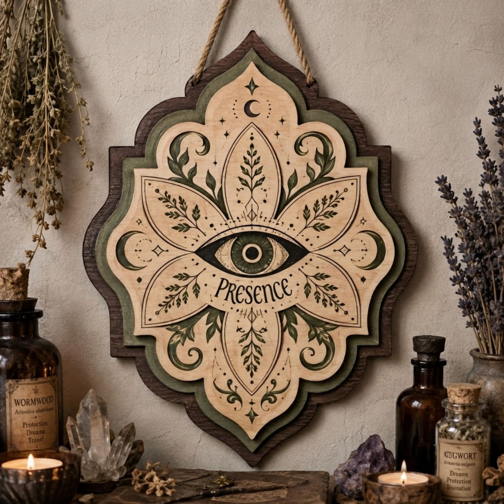 Presence All Seeing Eye Wooden Sign - Mystical Botanical Wall Decor with Moons, Leaves & Celestial Symbols