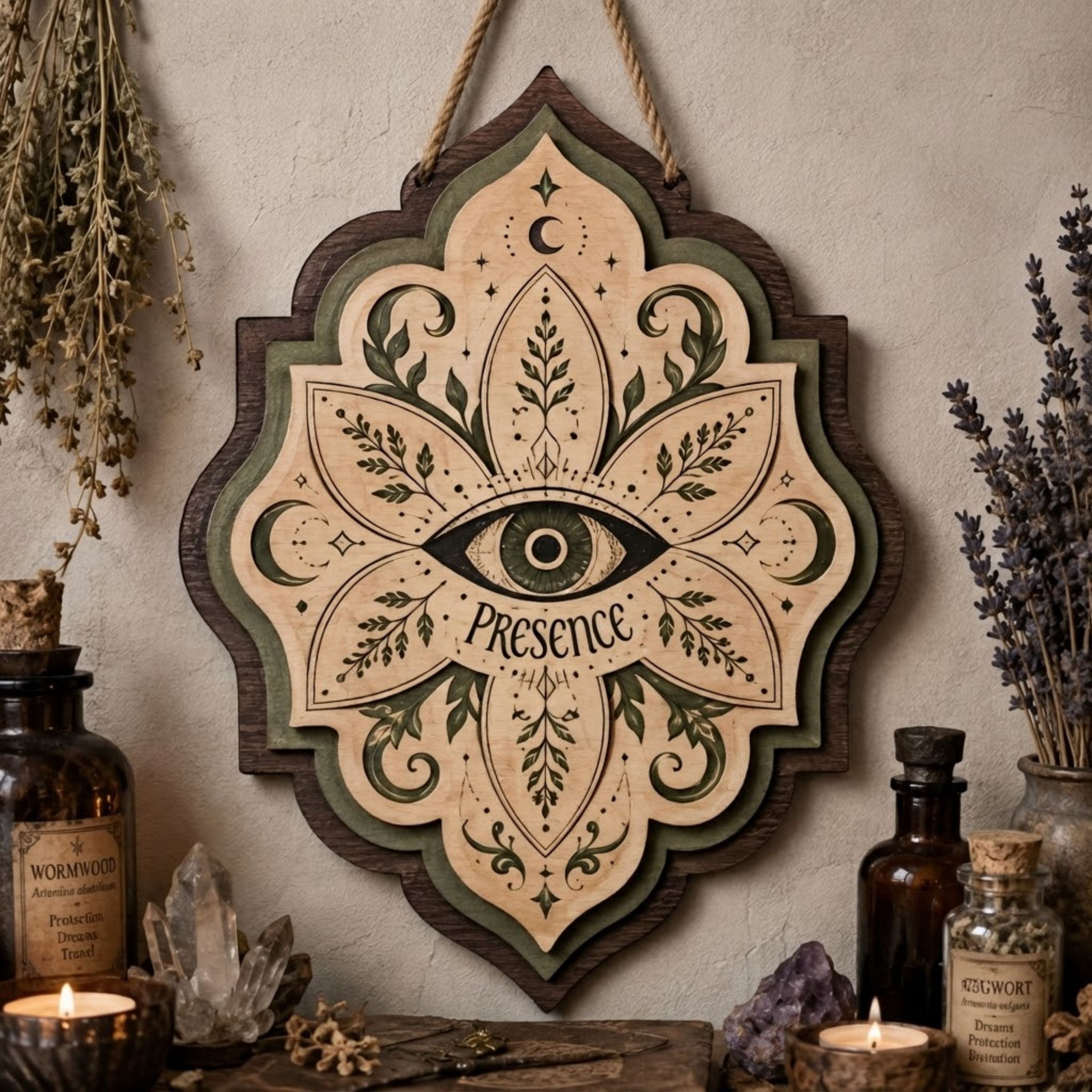 Presence All Seeing Eye Wooden Sign - Mystical Botanical Wall Decor with Moons, Leaves & Celestial Symbols