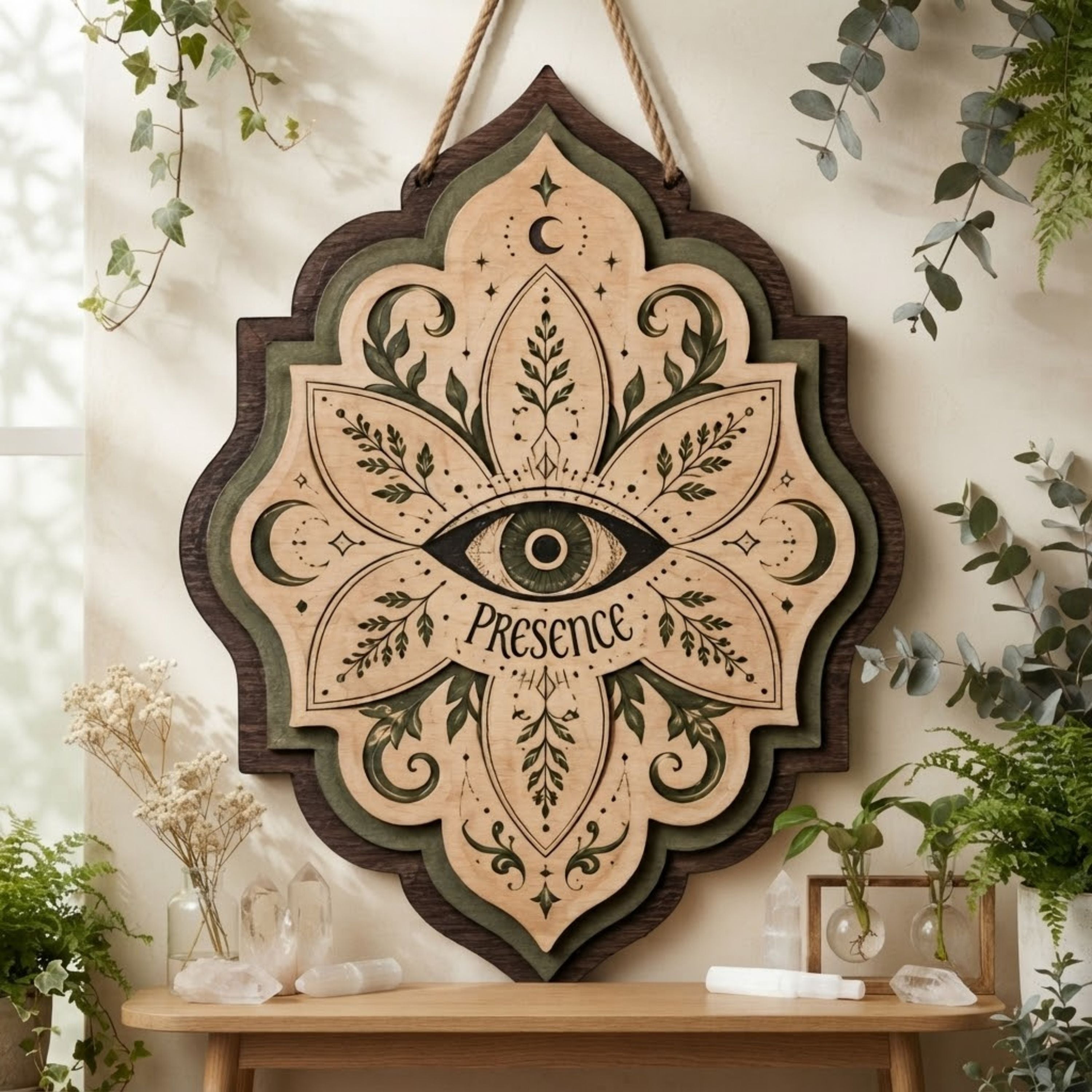Presence All Seeing Eye Wooden Sign - Mystical Botanical Wall Decor with Moons, Leaves & Celestial Symbols