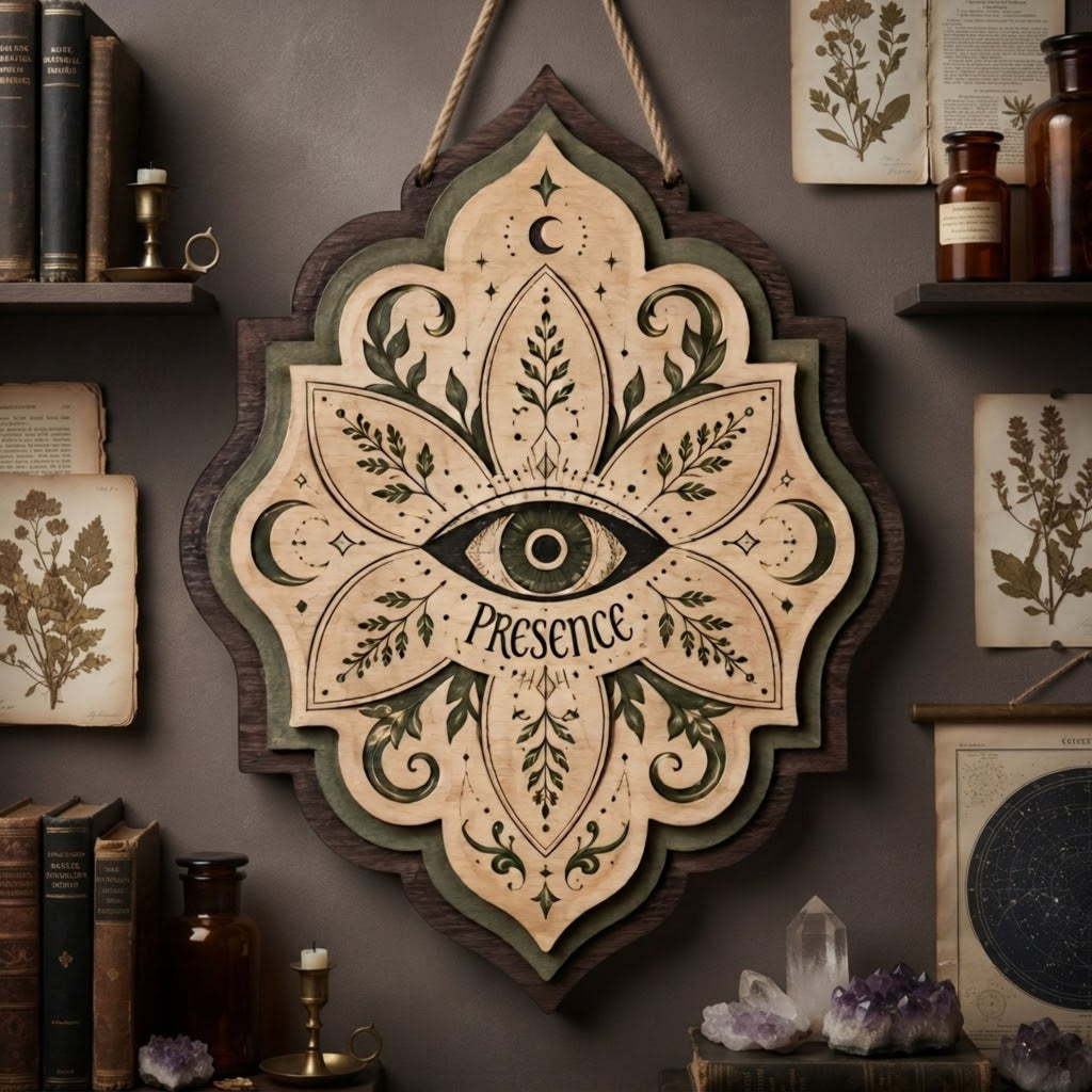 Presence All Seeing Eye Wooden Sign - Mystical Botanical Wall Decor with Moons, Leaves & Celestial Symbols