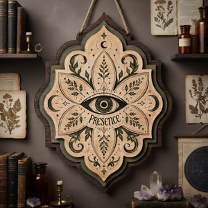 Presence All Seeing Eye Wooden Sign - Mystical Botanical Wall Decor with Moons, Leaves & Celestial Symbols