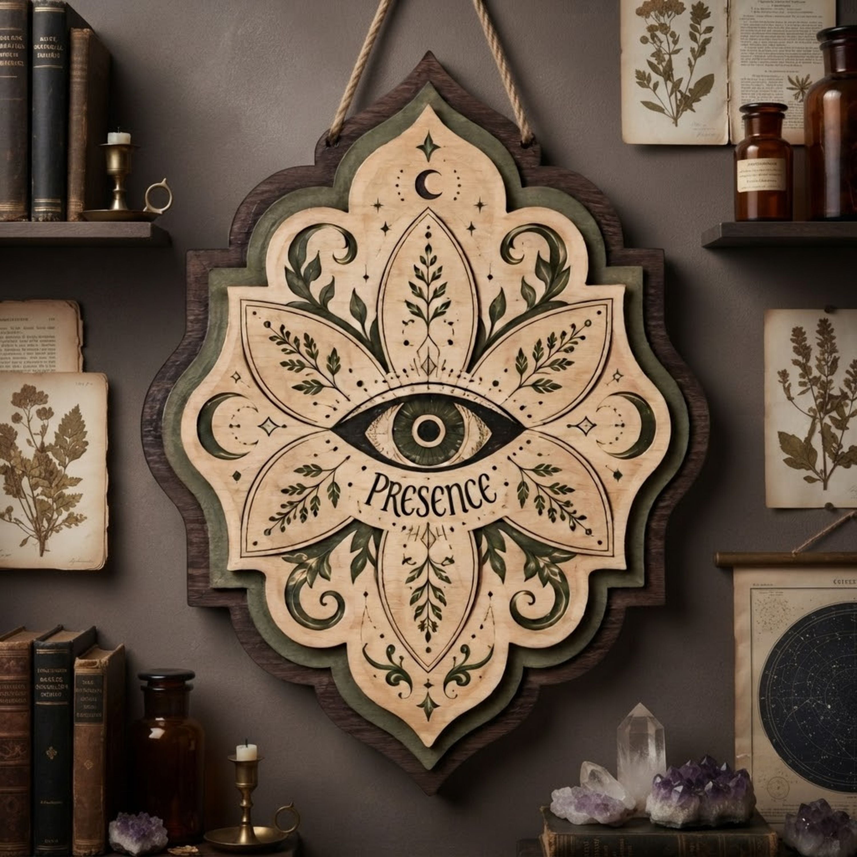 Presence All Seeing Eye Wooden Sign - Mystical Botanical Wall Decor with Moons, Leaves & Celestial Symbols